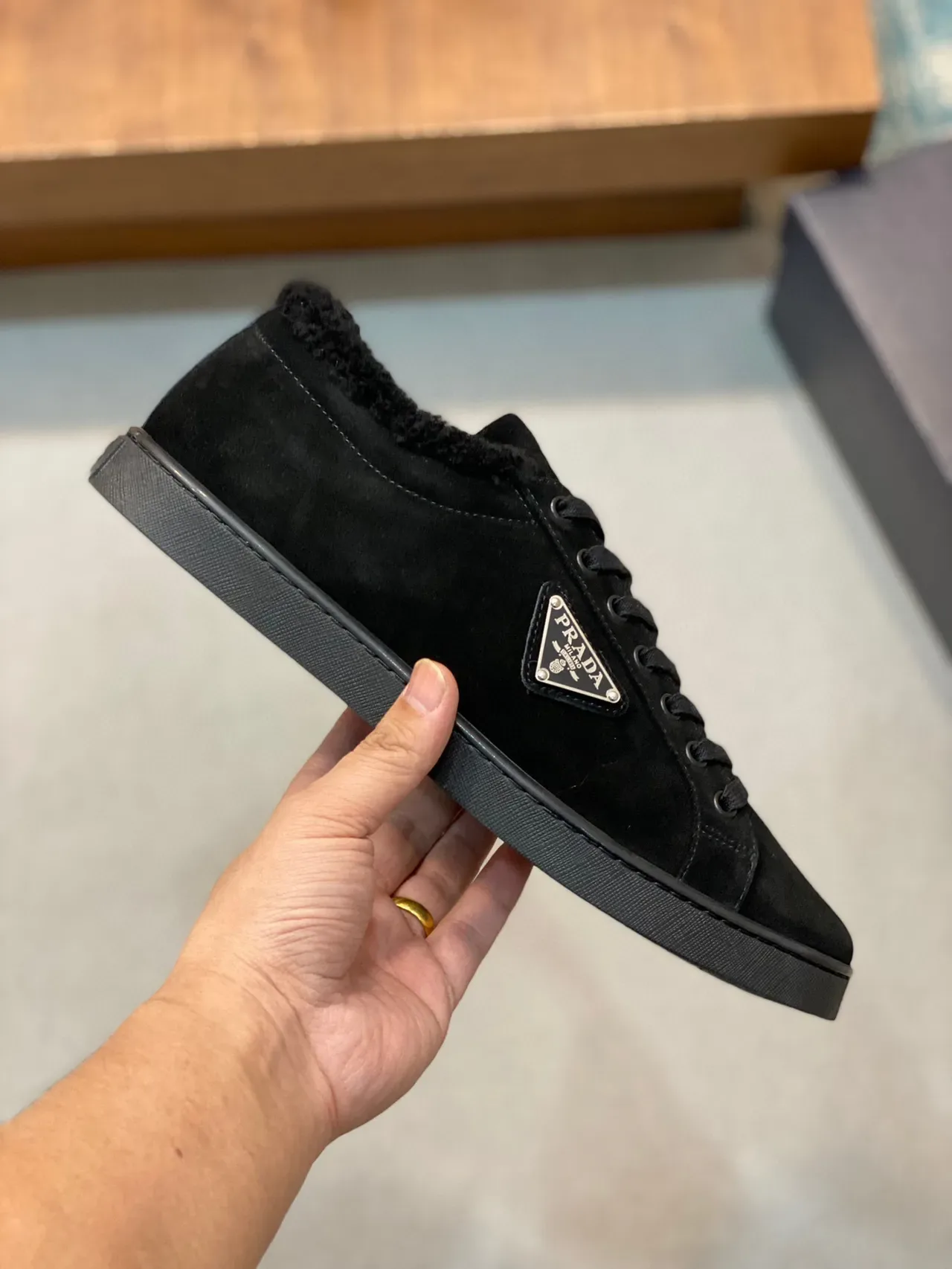 Prada Black Suede Shearling-Collar Lifestyle Sneakers 7