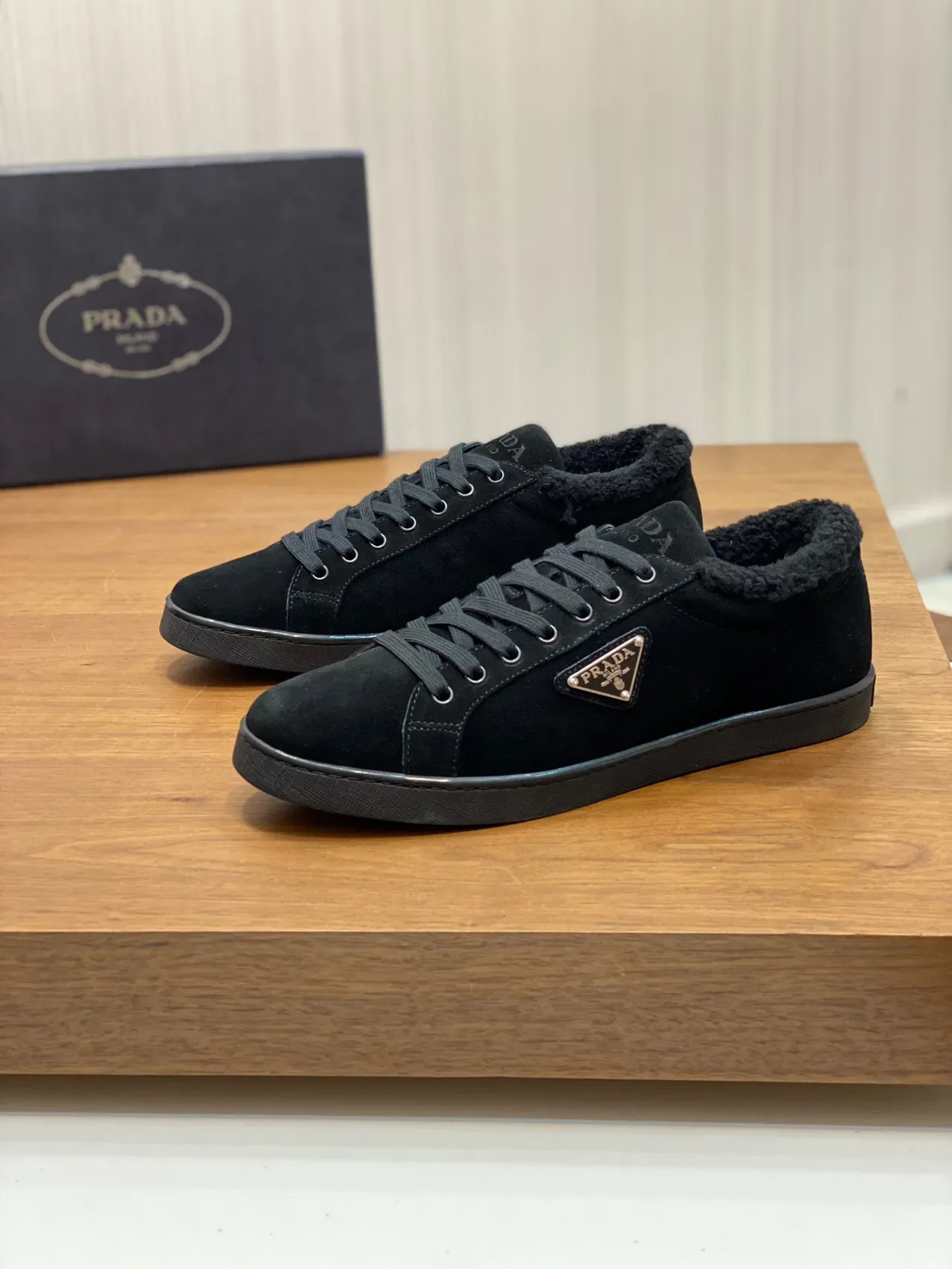 Prada Black Suede Shearling-Collar Lifestyle Sneakers 8