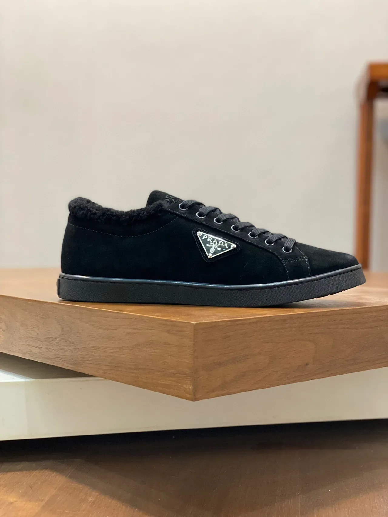 Prada Black Suede Shearling-Collar Lifestyle Sneakers 9