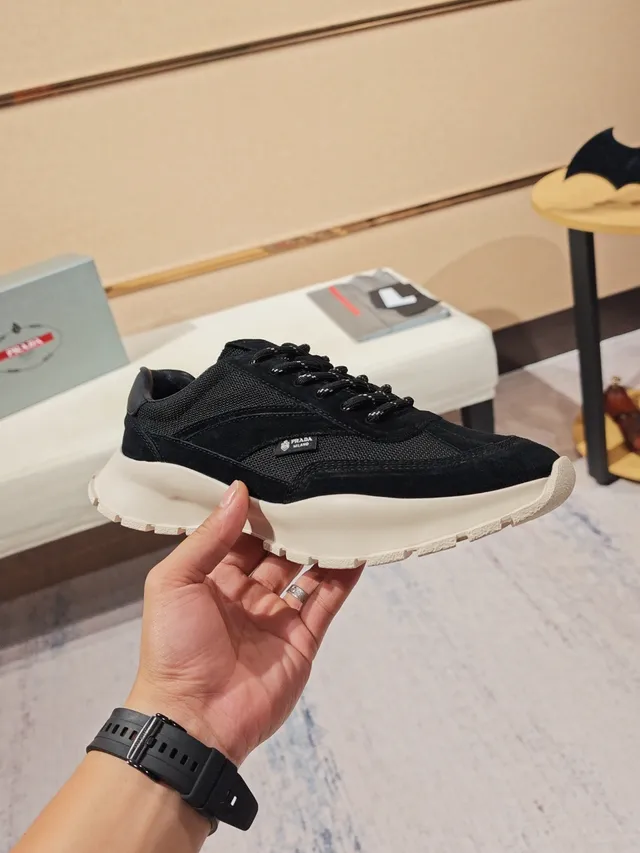 Prada Black White Chunky Sole Mesh-Suede Hybrid Upper Lifestyle Sneakers 4