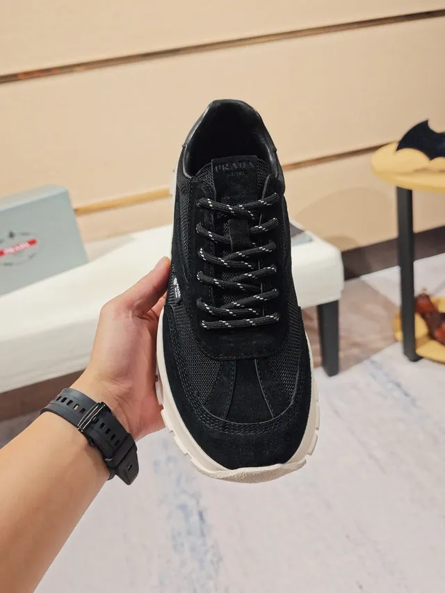 Prada Black White Chunky Sole Mesh-Suede Hybrid Upper Lifestyle Sneakers 5