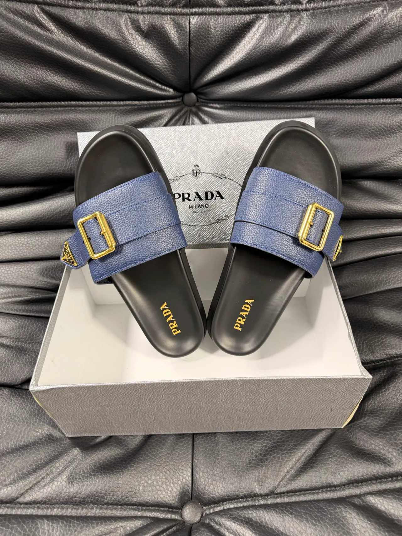 Prada Blue Gold Textured Leather Buckle Slippers 3
