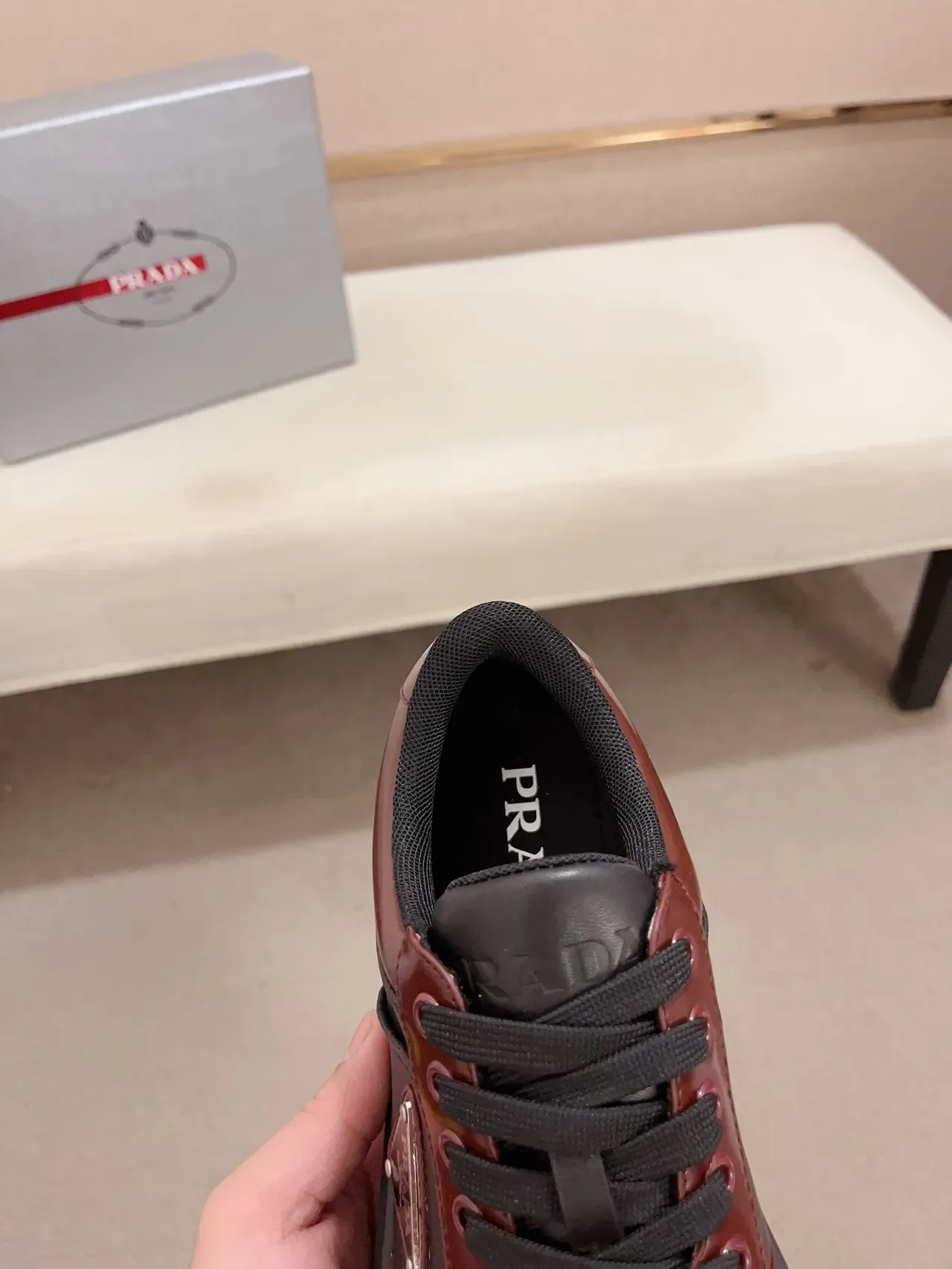 Prada Burgundy Black Two-Tone Leather Platform Sole Lifestyle Sneakers 4