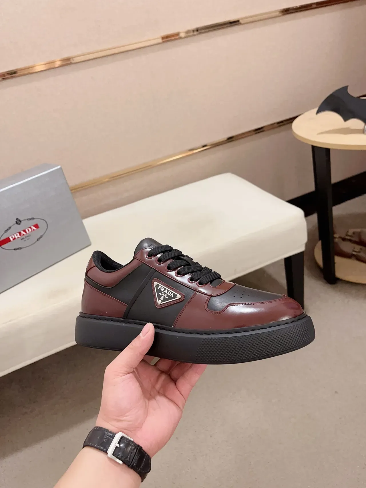 Prada Burgundy Black Two-Tone Leather Platform Sole Lifestyle Sneakers 5