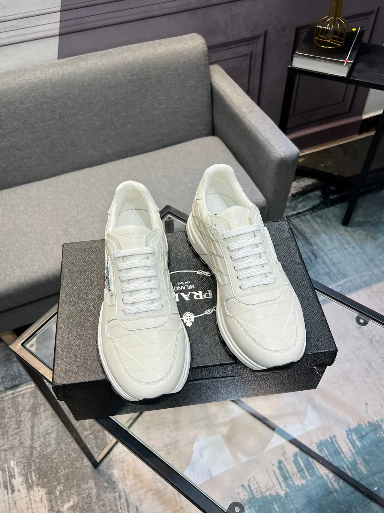 Prada Cloudbust Beige Black Quilted Diamond-Stitch Leather Triangular Metal Logo Plaque Lifestyle Sneakers 5