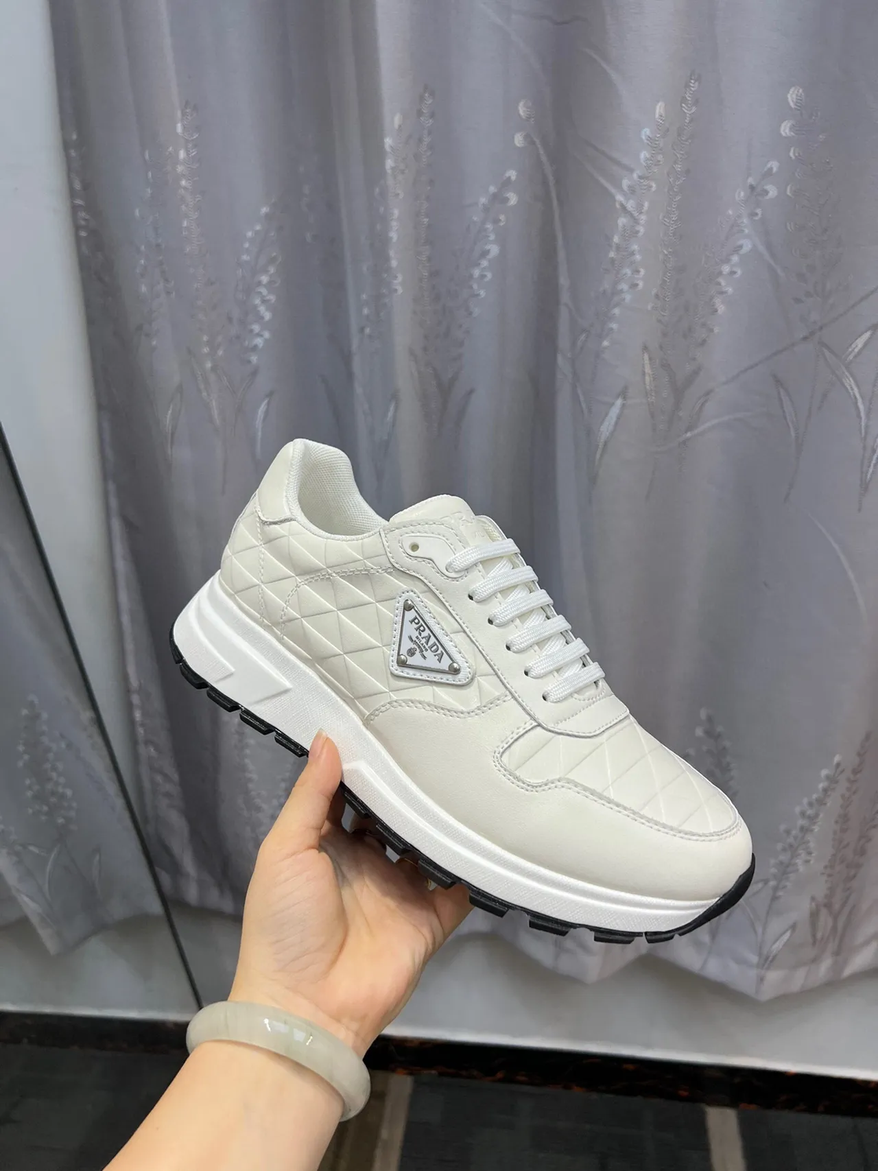 Prada Cloudbust Beige Black Quilted Diamond-Stitch Leather Triangular Metal Logo Plaque Lifestyle Sneakers 6