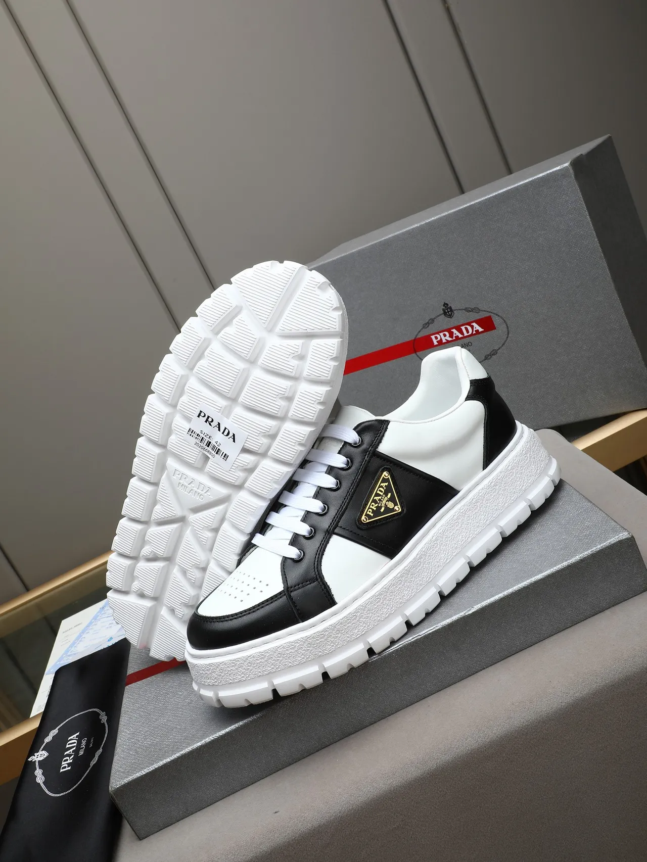 Prada Cloudbust Black and White Leather Chunky Sneakers 4