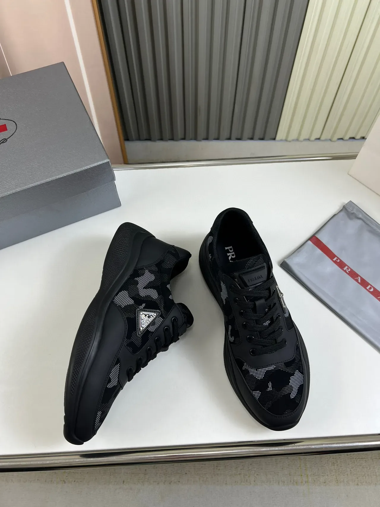 Prada Cloudbust Black Gray Camo Mesh Triangular Metal Logo Lifestyle Sneakers 5