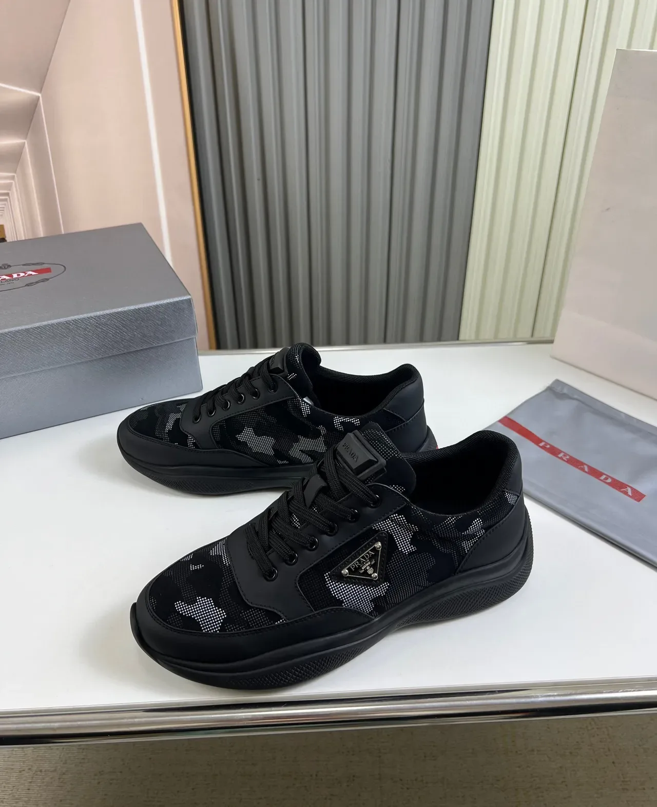 Prada Cloudbust Black Gray Camo Mesh Triangular Metal Logo Lifestyle Sneakers 8