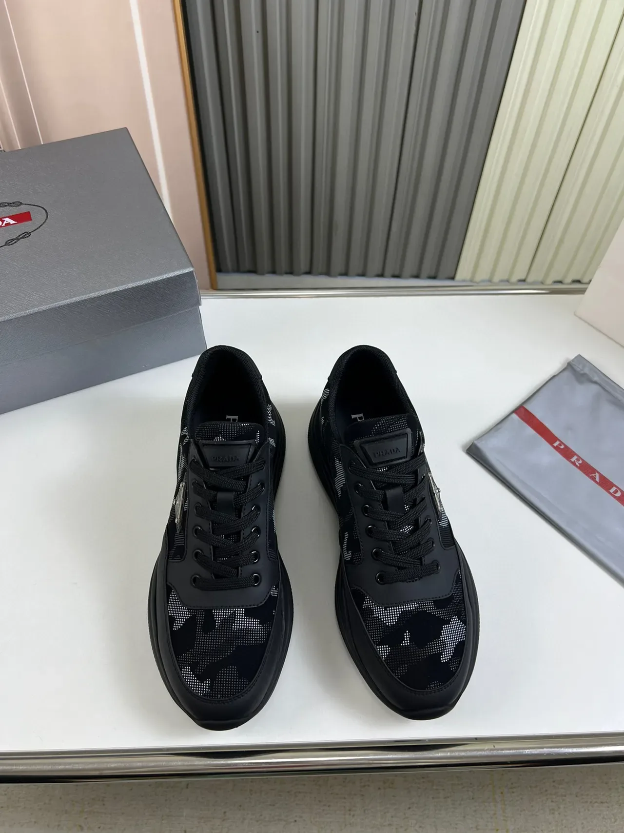Prada Cloudbust Black Gray Camo Mesh Triangular Metal Logo Lifestyle Sneakers 9