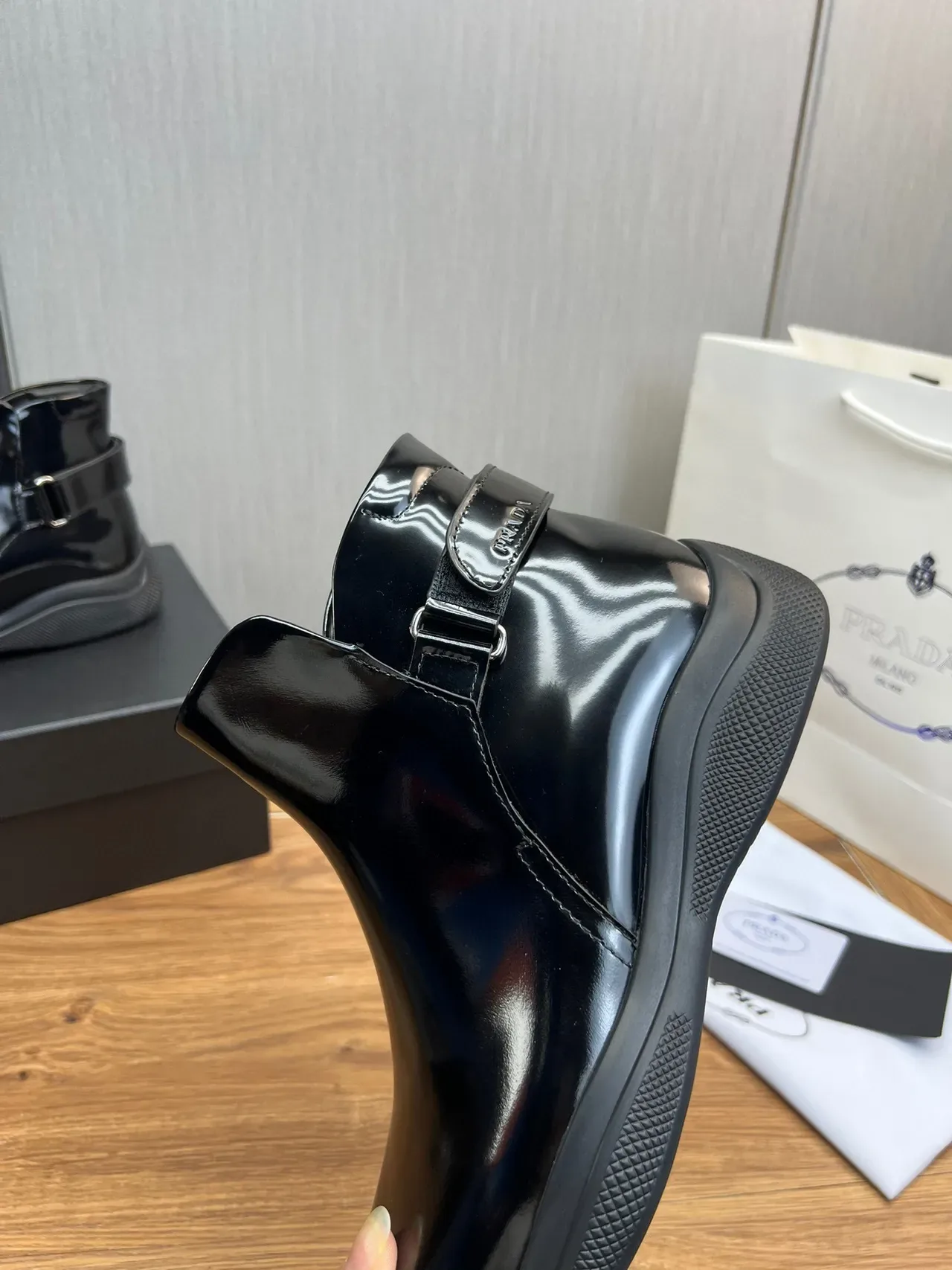 Prada Cloudbust Black Gray Glossy Patent Leather Side Buckle Strap Ankle Boots 3