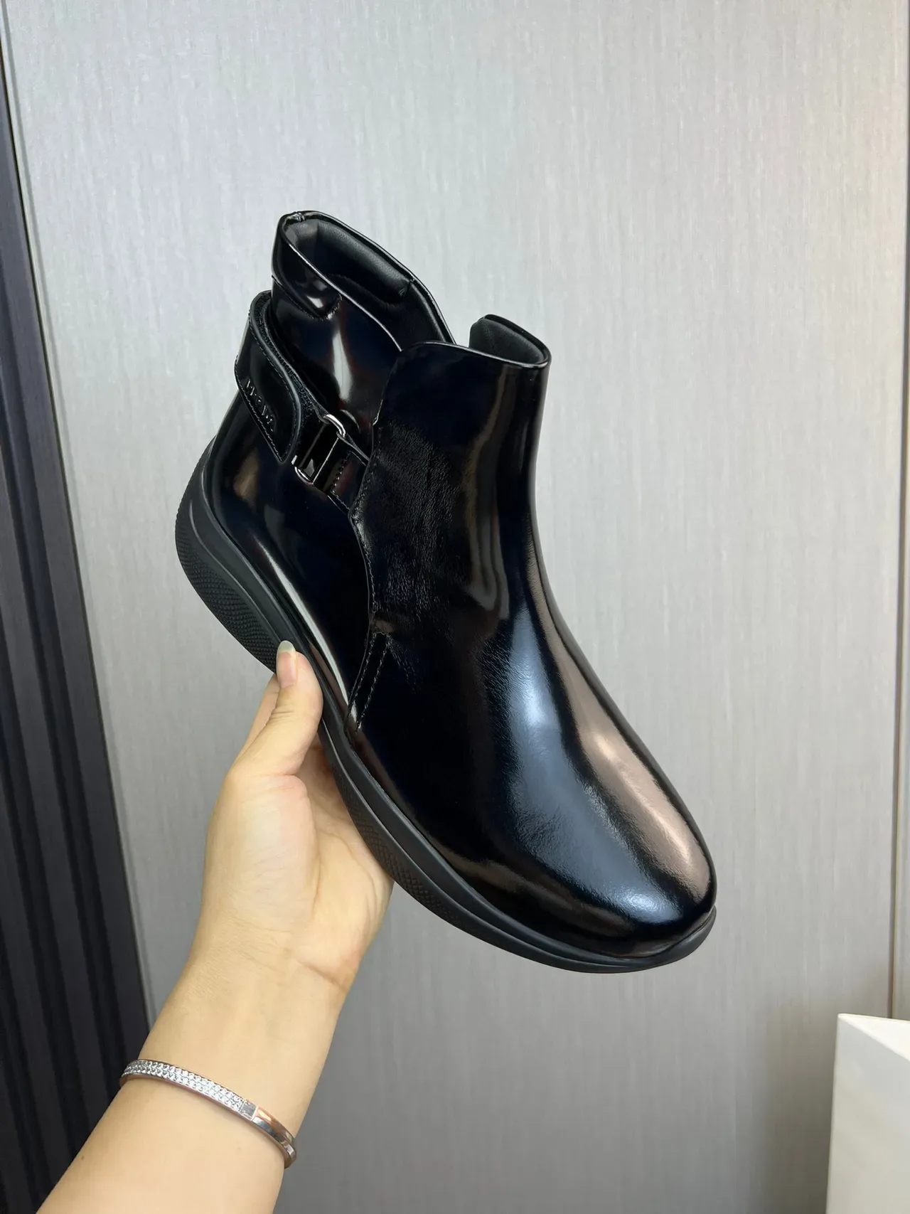 Prada Cloudbust Black Gray Glossy Patent Leather Side Buckle Strap Ankle Boots 4