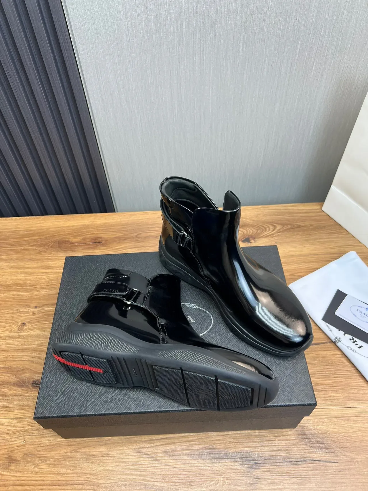 Prada Cloudbust Black Gray Glossy Patent Leather Side Buckle Strap Ankle Boots 5