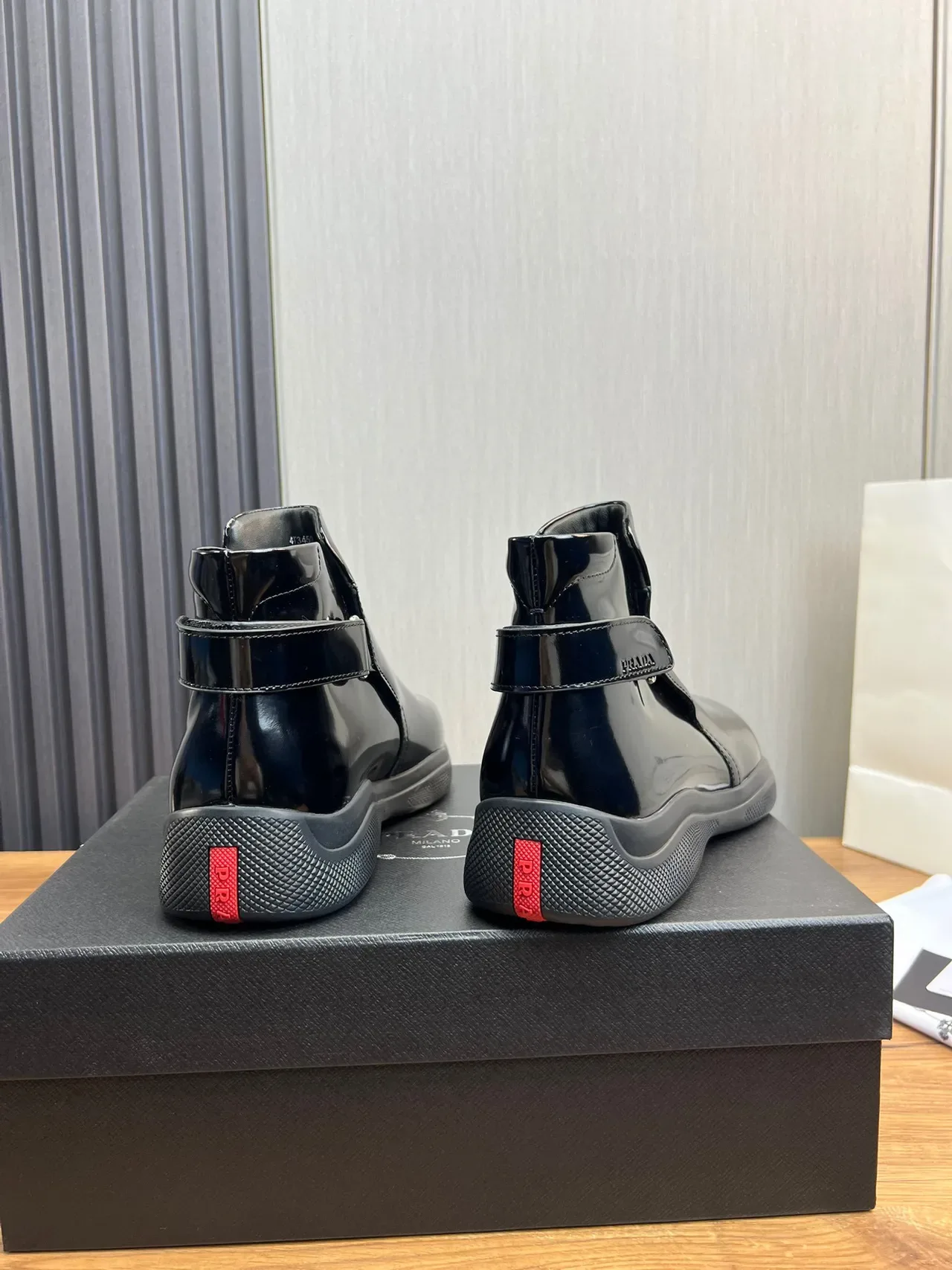 Prada Cloudbust Black Gray Glossy Patent Leather Side Buckle Strap Ankle Boots 6
