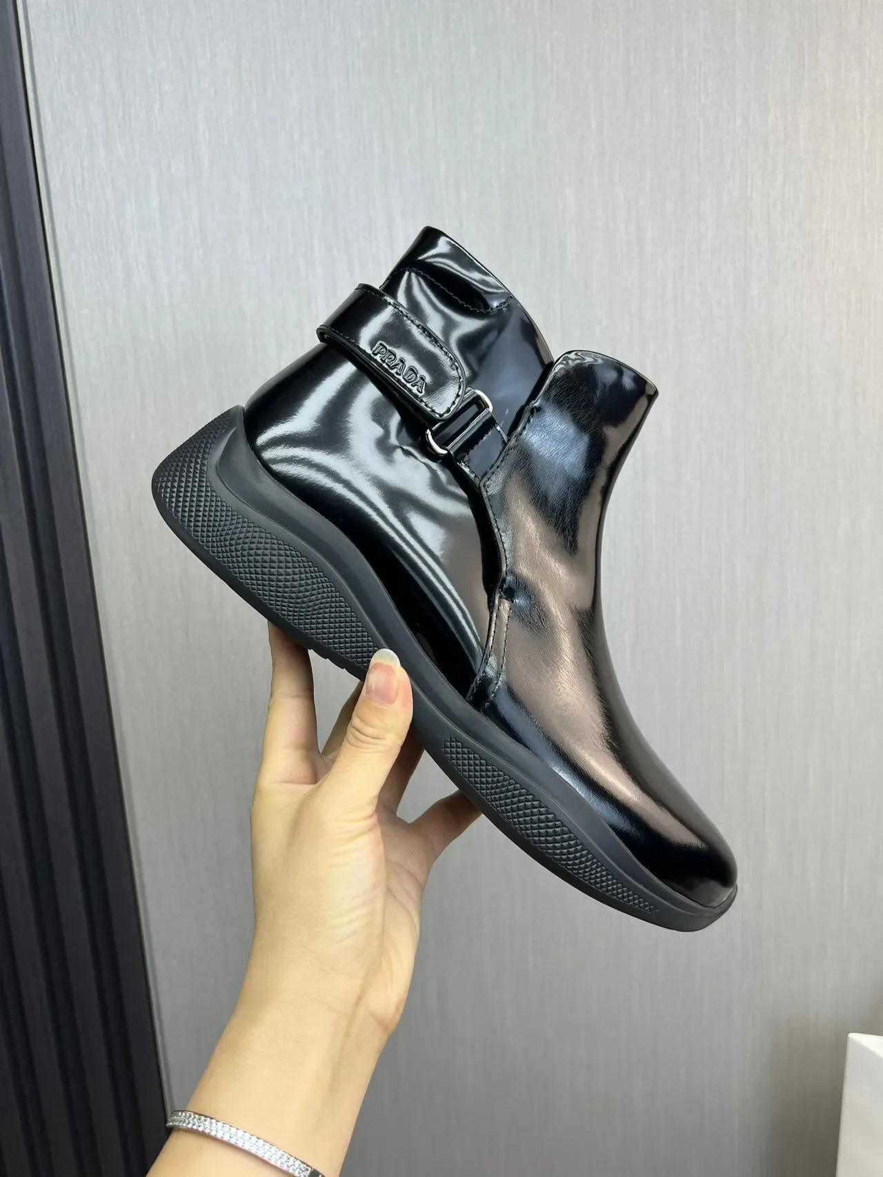 Prada Cloudbust Black Gray Glossy Patent Leather Side Buckle Strap Ankle Boots 7