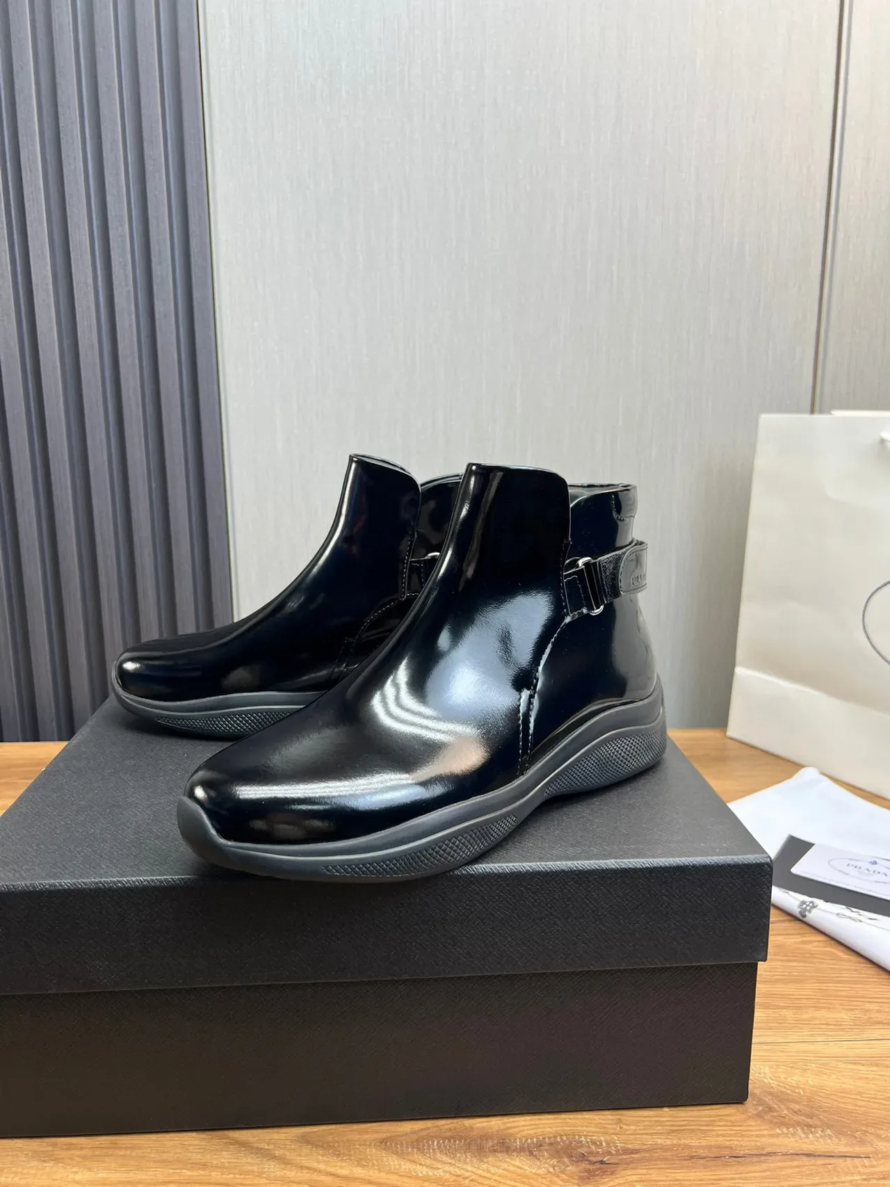 Prada Cloudbust Black Gray Glossy Patent Leather Side Buckle Strap Ankle Boots 8