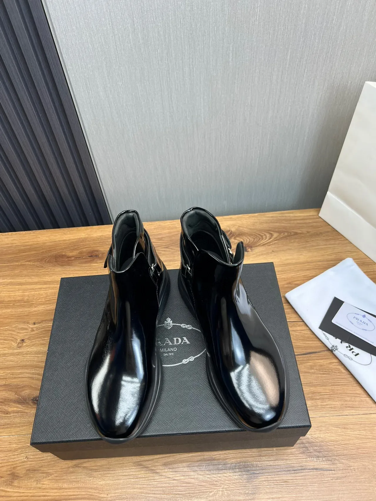 Prada Cloudbust Black Gray Glossy Patent Leather Side Buckle Strap Ankle Boots 9