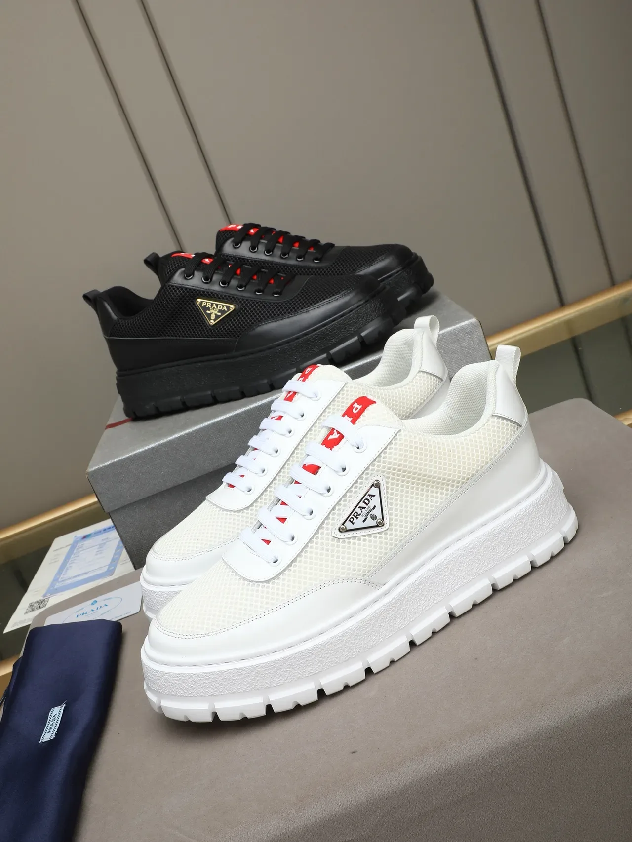 Prada Cloudbust Black Red Mesh And Leather Upper Triangular Metal Logo Chunky Sneakers 2