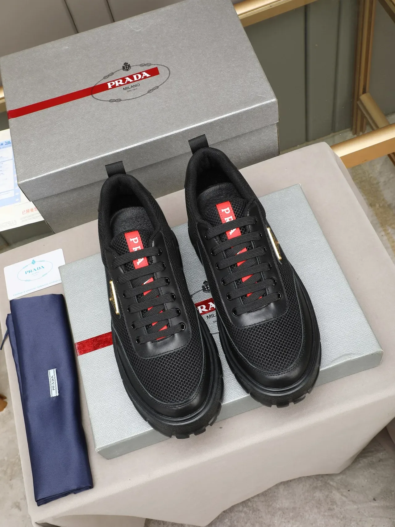Prada Cloudbust Black Red Mesh And Leather Upper Triangular Metal Logo Chunky Sneakers 3
