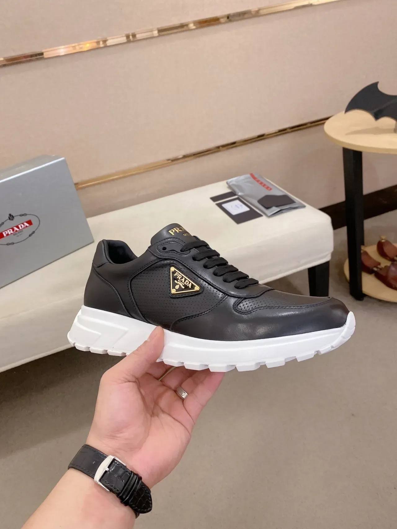 Prada Cloudbust Black White Leather And Perforated Upper Triangular Metal Logo Chunky Sneakers 5
