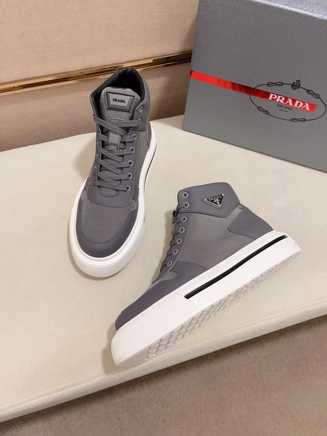 Prada Cloudbust Gray Leather-Textile Platform Lifestyle Sneakers 4