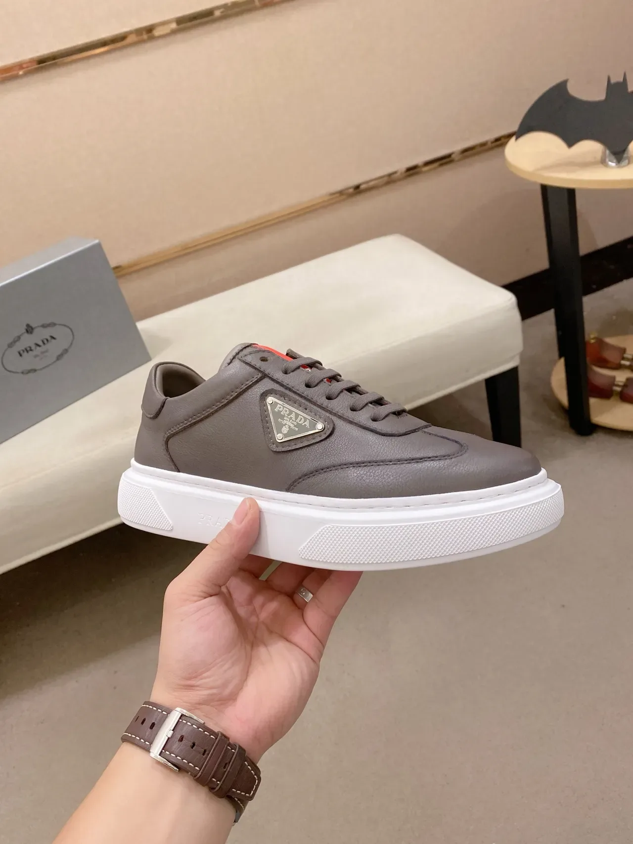 Prada Cloudbust Gray Red Leather Upper Triangular Metal Logo Plaque Lifestyle Sneakers 4