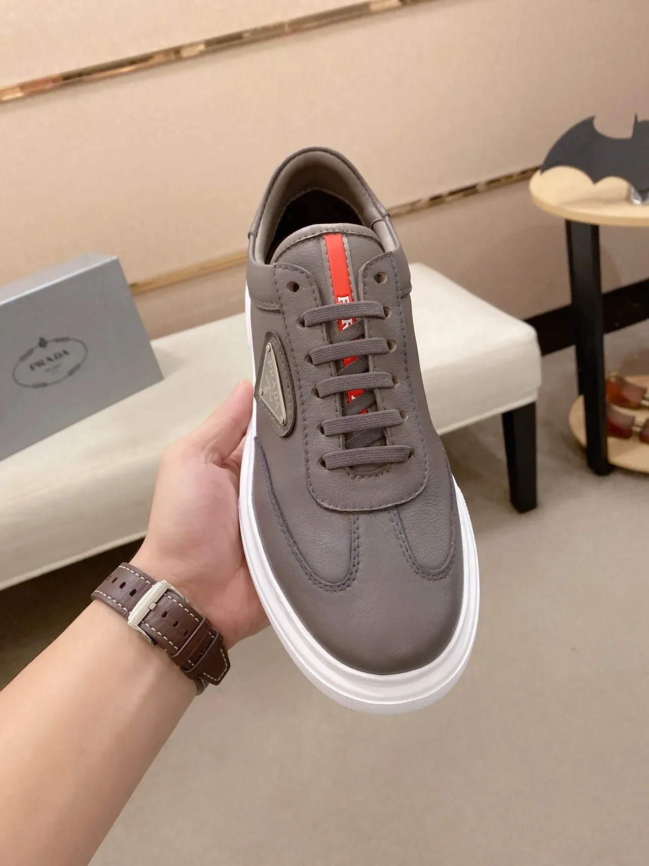 Prada Cloudbust Gray Red Leather Upper Triangular Metal Logo Plaque Lifestyle Sneakers 5