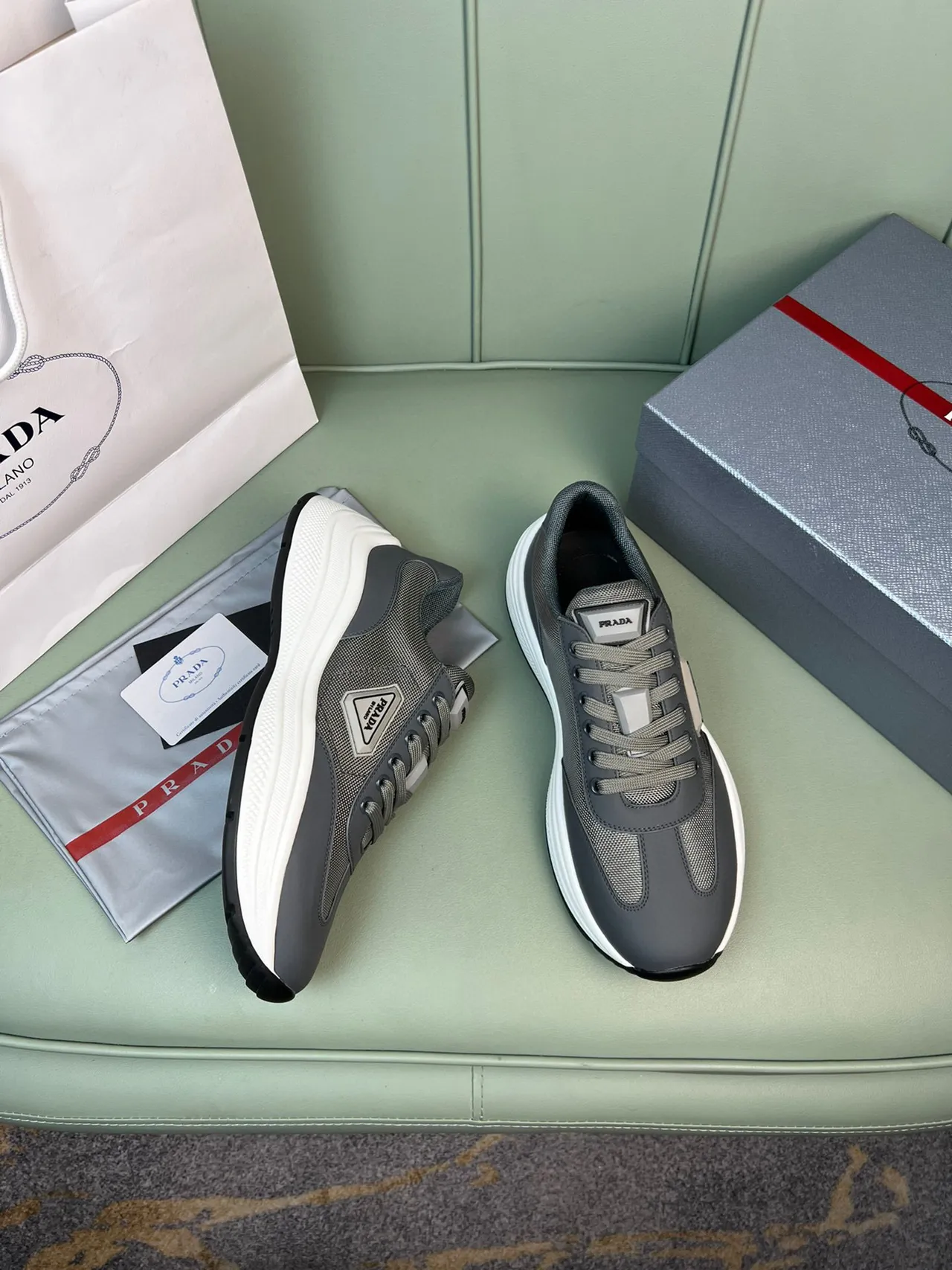 Prada Cloudbust Gray White Chunky Platform Sole Mixed-Material Upper Lifestyle Sneakers 5