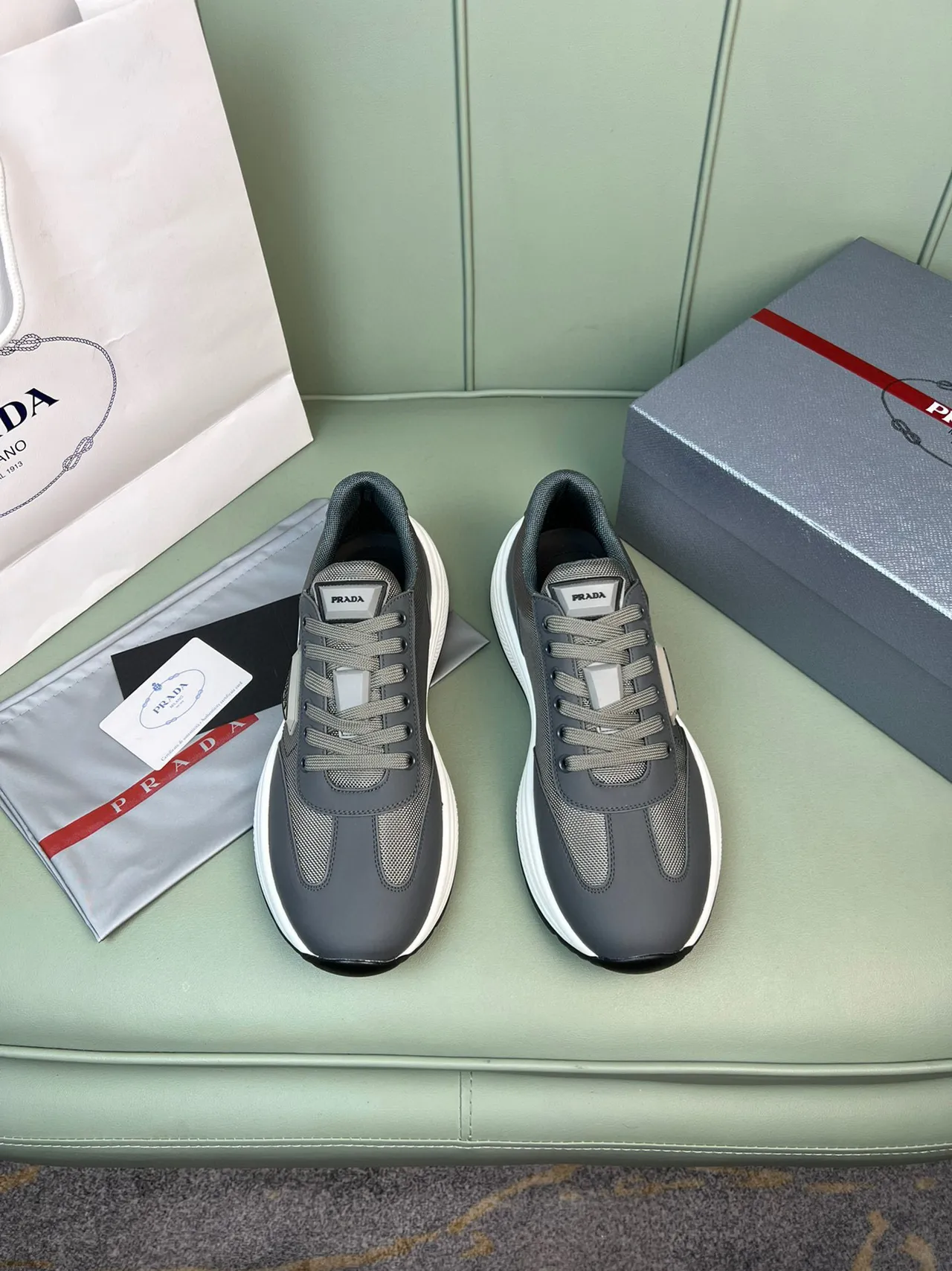 Prada Cloudbust Gray White Chunky Platform Sole Mixed-Material Upper Lifestyle Sneakers 9
