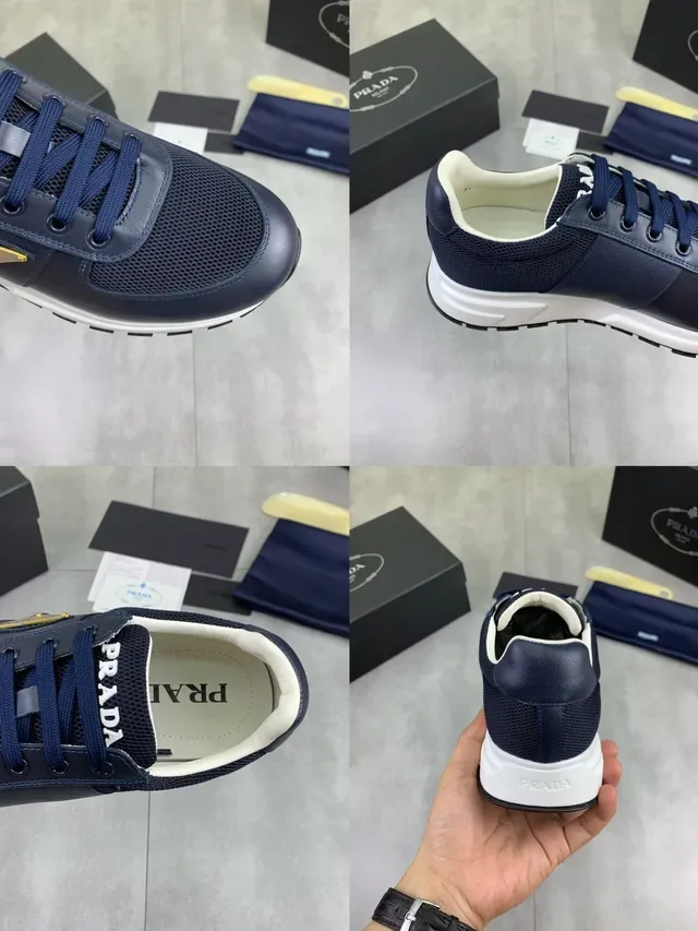 Prada Cloudbust Navy White Mesh And Leather Upper Gold-Tone Triangular Logo Lifestyle Sneakers 2