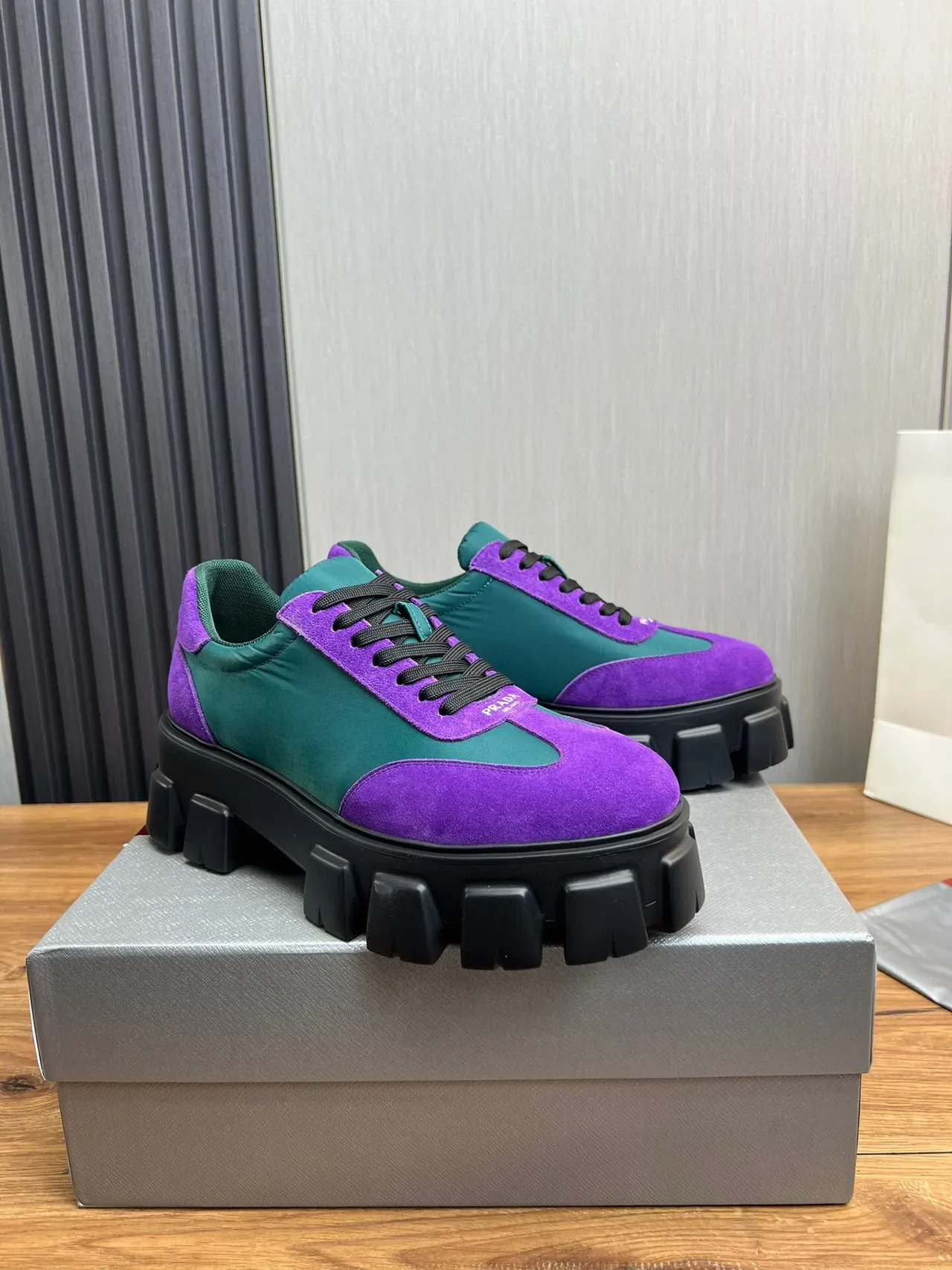 Prada Cloudbust Purple and Teal Suede Nylon Chunky Sneakers 2