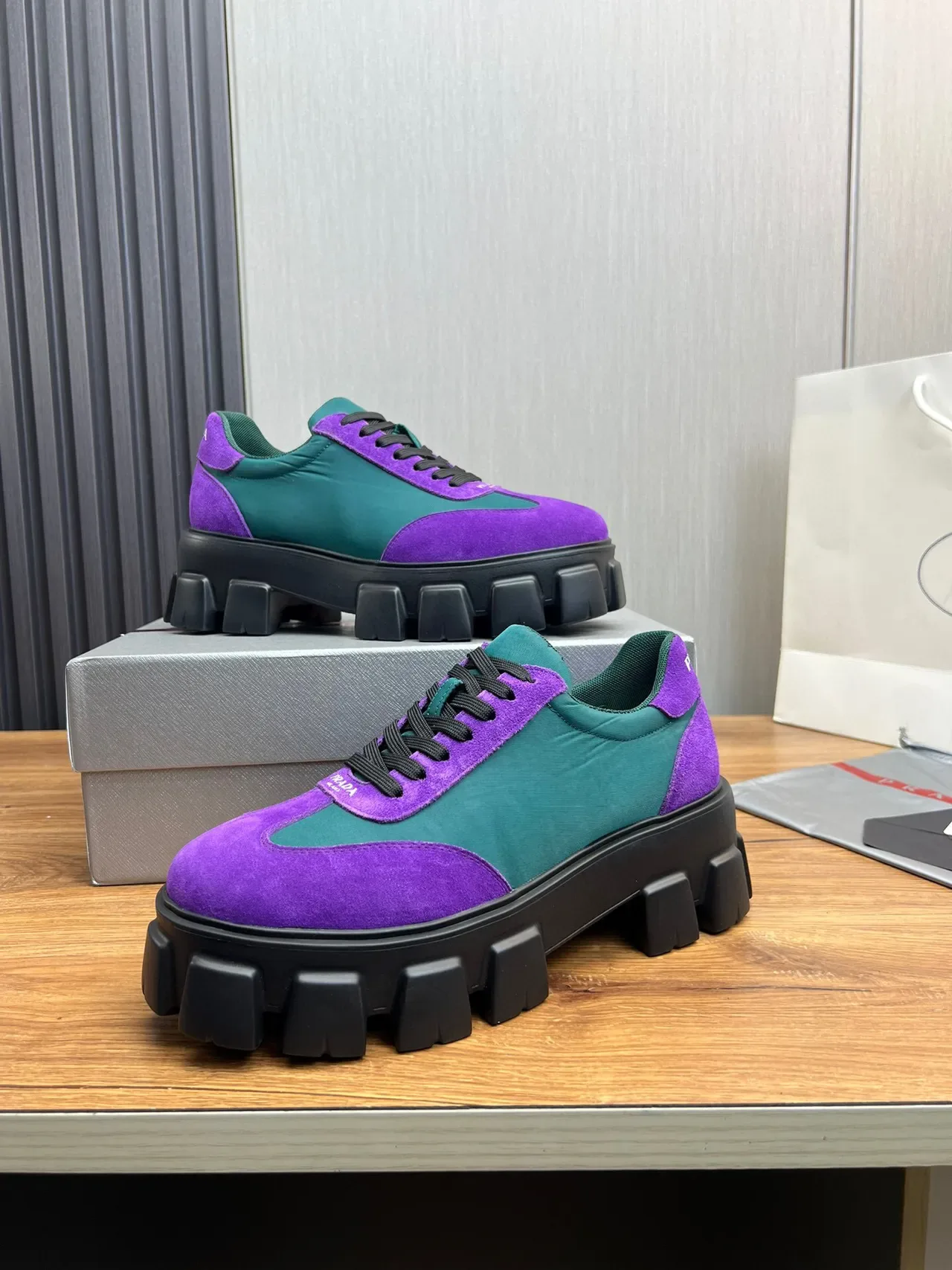Prada Cloudbust Purple and Teal Suede Nylon Chunky Sneakers 3