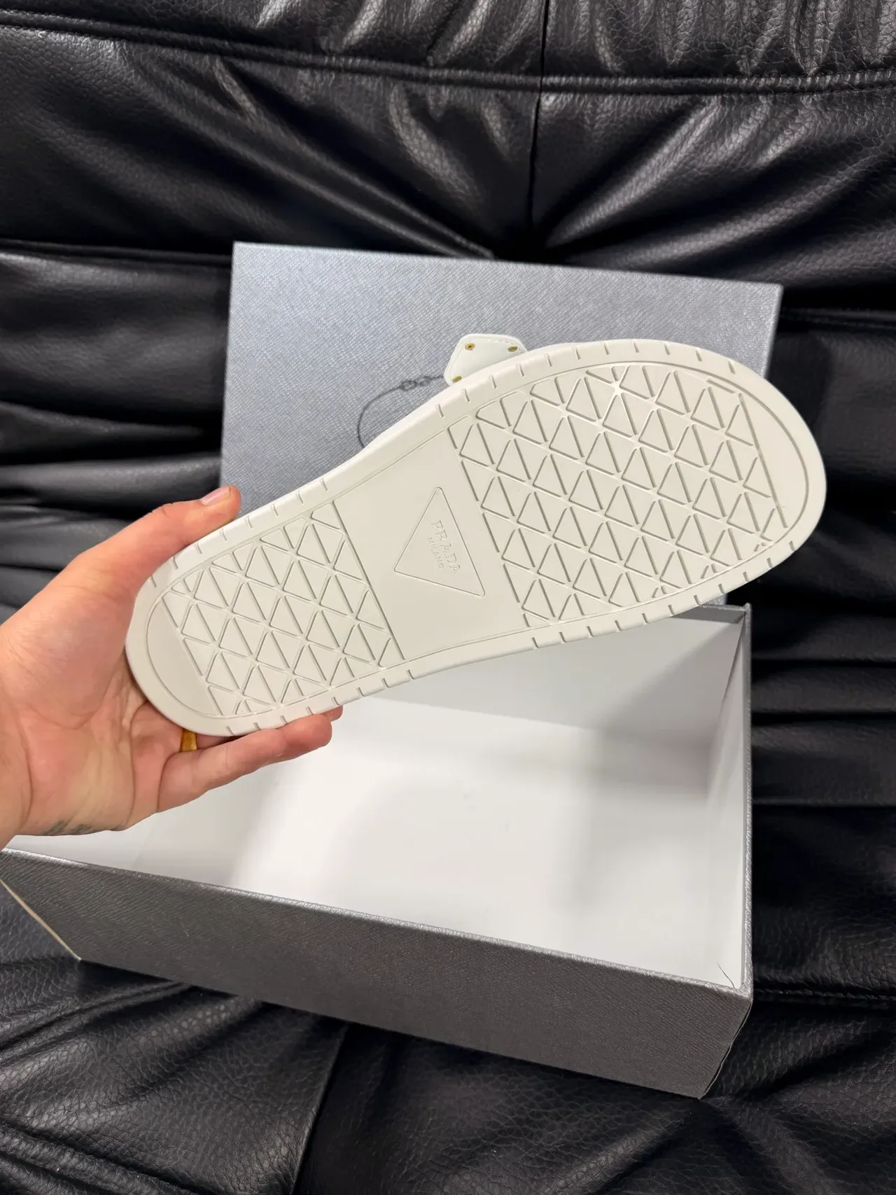 Prada Cloudbust Slide White Leather Gold Buckle Slippers 2