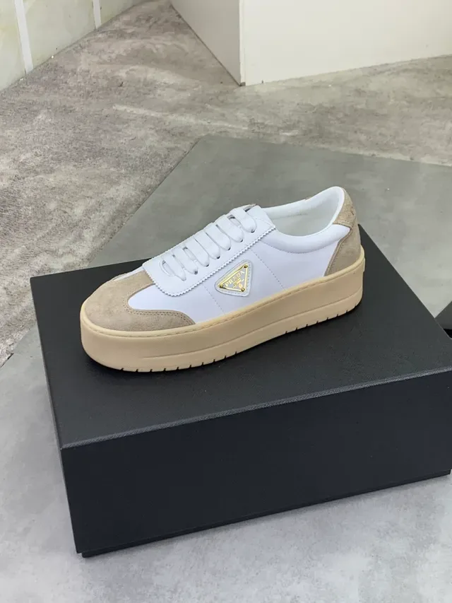 Prada Cloudbust White Beige Platform Sole Mixed Leather And Suede Panels Lifestyle Sneakers 4