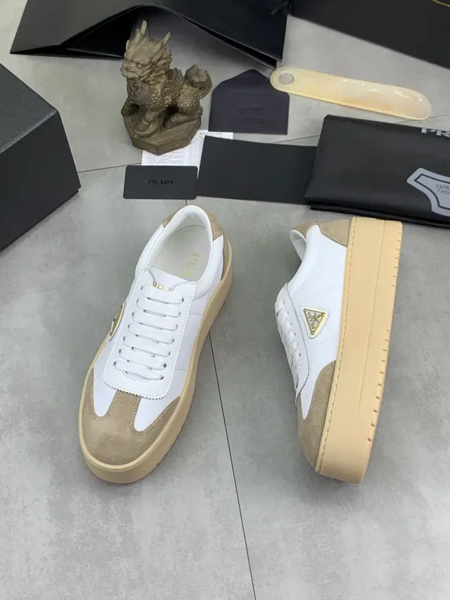Prada Cloudbust White Beige Platform Sole Mixed Leather And Suede Panels Lifestyle Sneakers 5