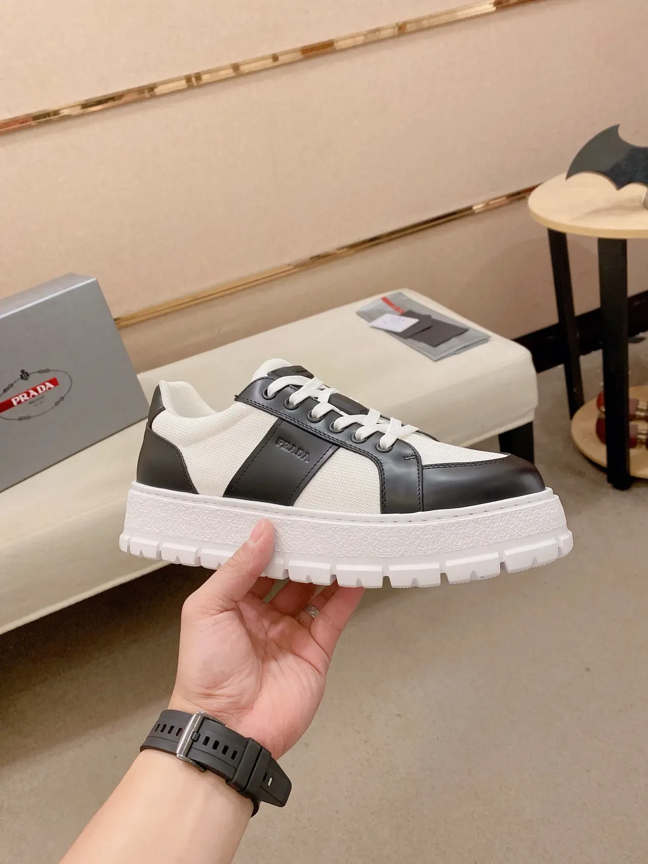 Prada Cloudbust White Black Platform Sole Canvas And Leather Paneling Chunky Sneakers 4