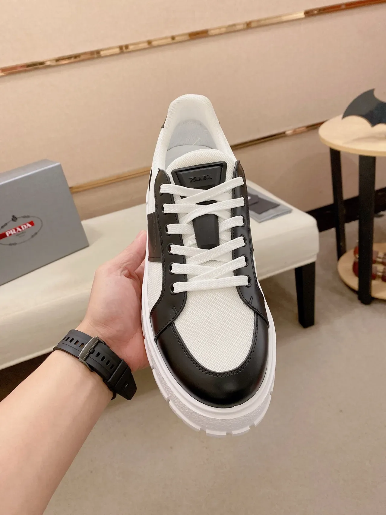 Prada Cloudbust White Black Platform Sole Canvas And Leather Paneling Chunky Sneakers 5