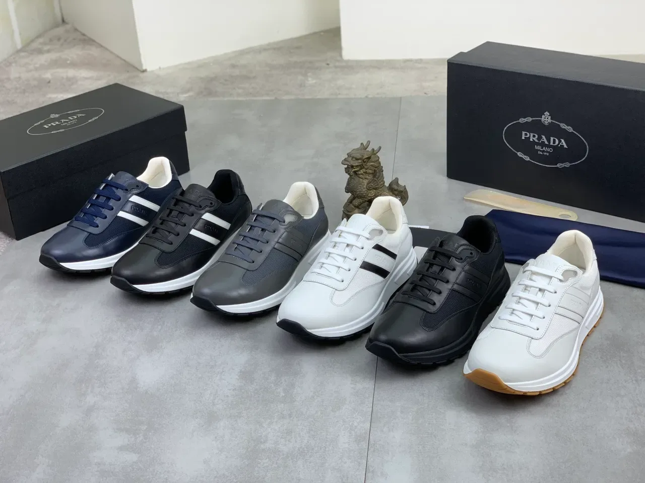 Prada Dark Gray and Navy Mesh Leather Sneakers 2