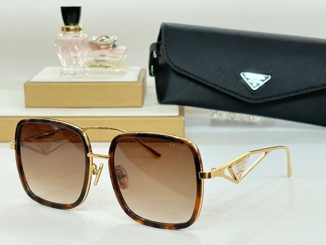 Prada Gold Brown Square-Frame Metal Sunglasses 6