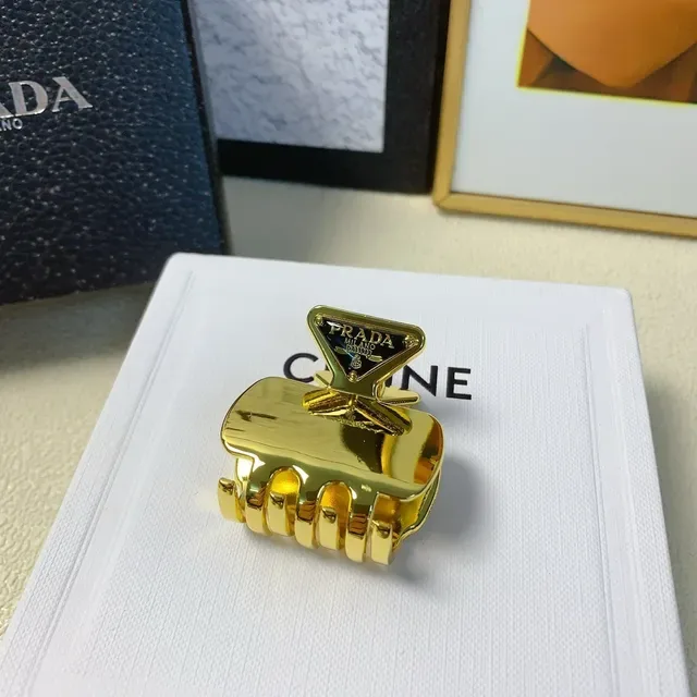 Prada Gold Metal Triangular Logo Plaque Brooch 4