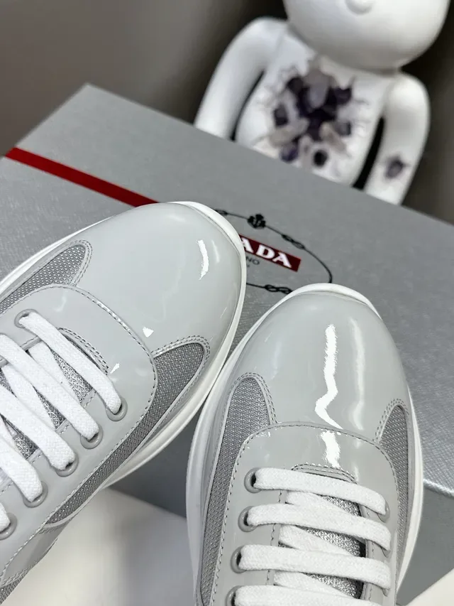 Prada Gray Red Glossy Patent Toe Cap Mesh Side Panels Lifestyle Sneakers 6
