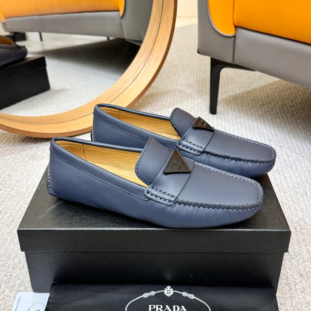 Prada Loafer Navy Beige Leather Square Toe Loafer 4