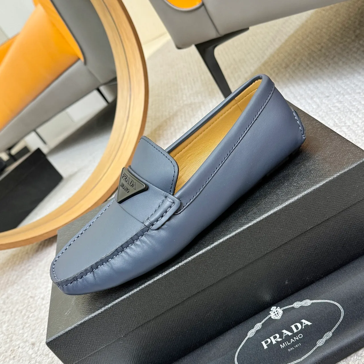 Prada Loafer Navy Beige Leather Square Toe Loafer 6