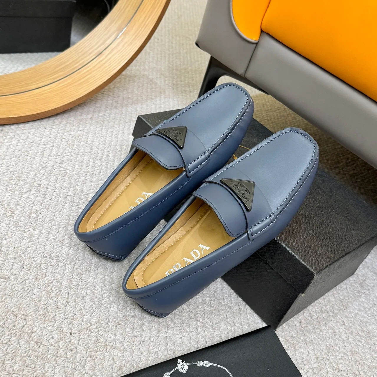 Prada Loafer Navy Beige Leather Square Toe Loafer 8