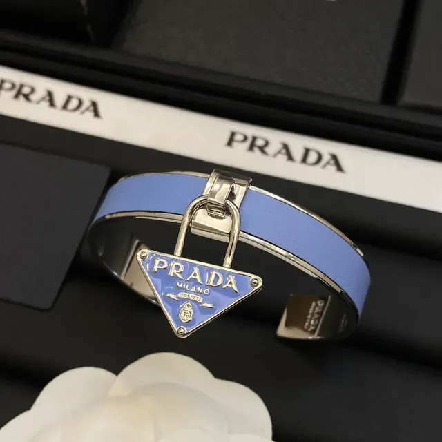 Prada Lock Bracelet Pink and Blue Leather Cuff Bracelets 4