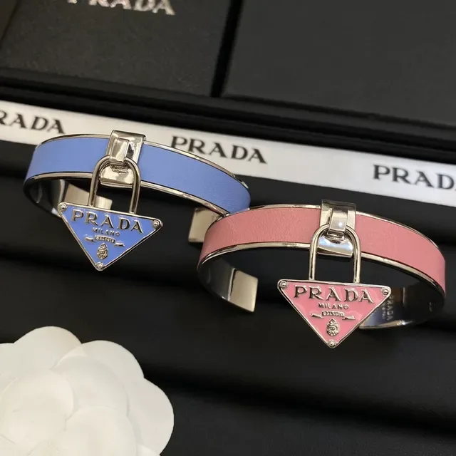 Prada Lock Bracelet Pink and Blue Leather Cuff Bracelets 6