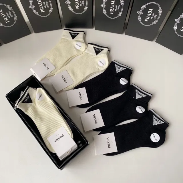 Prada Logo-Ankle Black White Ribbed Knit Triangular Patch Socks 5