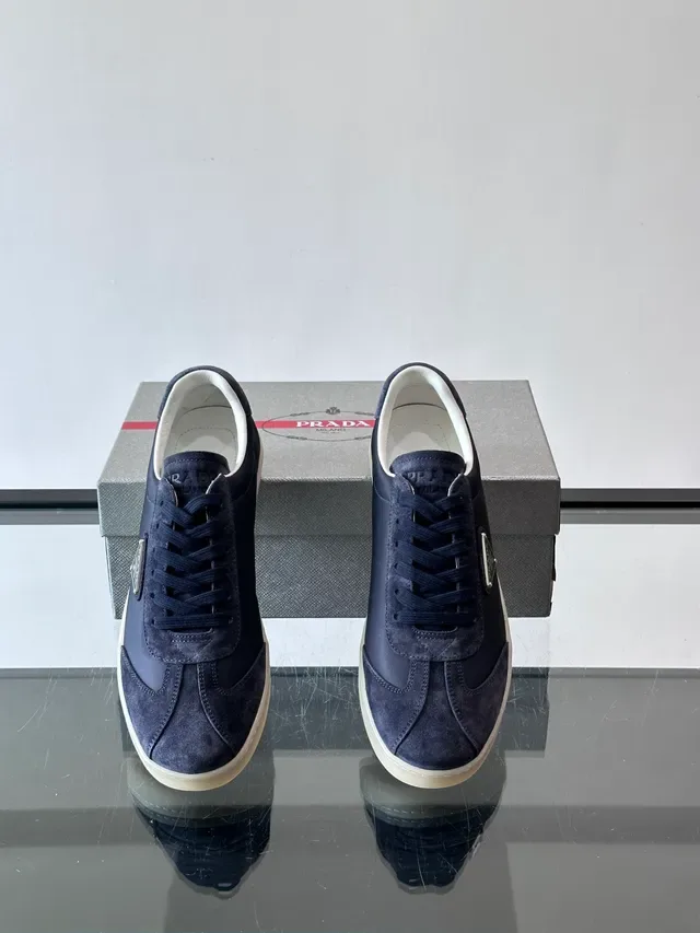 Prada Navy Beige Mixed-Material Upper Suede And Nylon Construction Lifestyle Sneakers 4