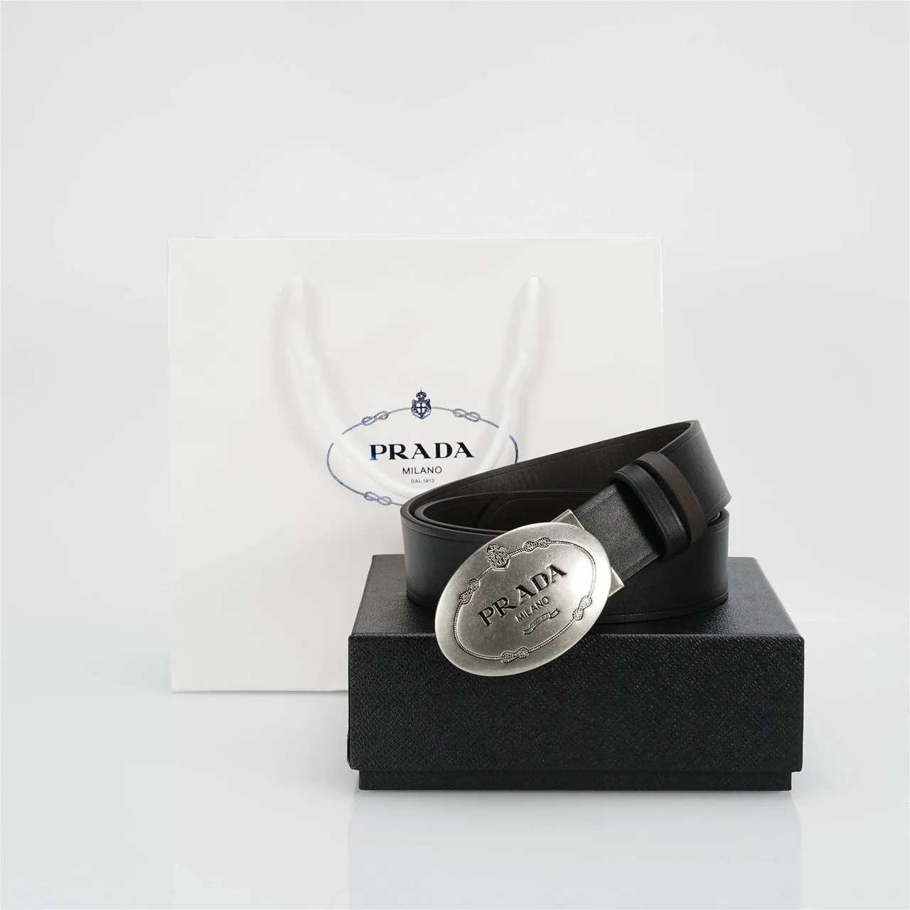 Prada Oval Buckle Black Leather Belt 4