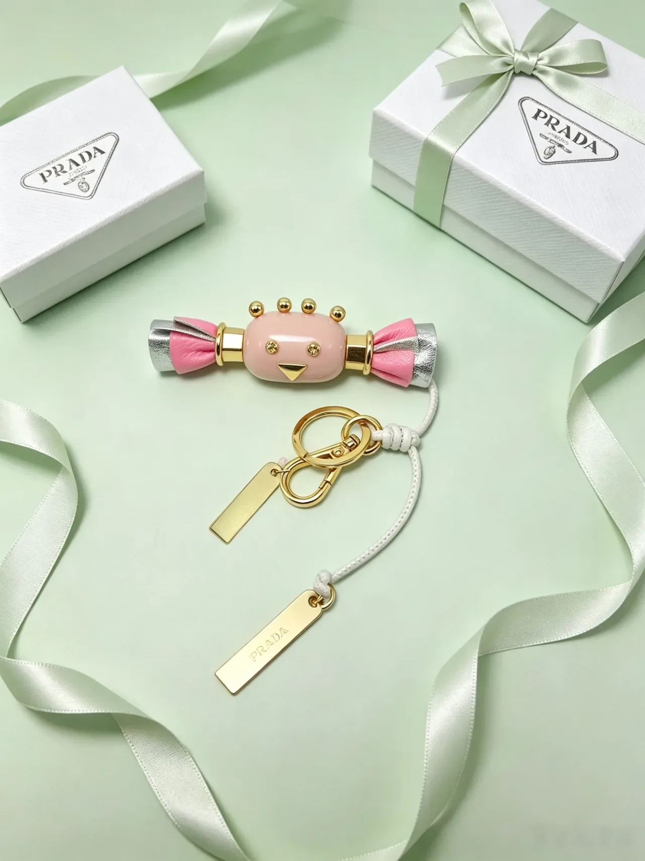 Prada Pink Gold Candy-Shaped Charm Leather Bow Detail Crossbody Bag 7